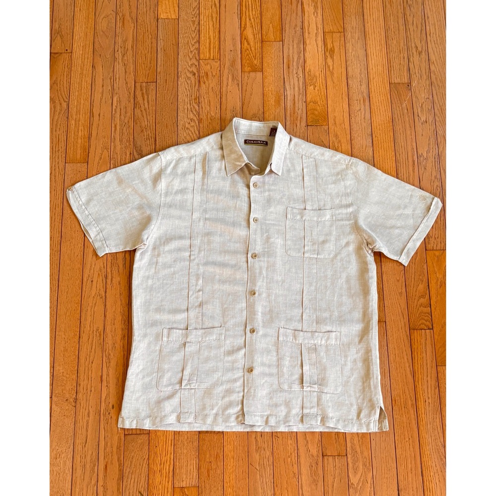 Cubavera Mens Tan Linen Blend Short Sleeve Guayabera Shirt Large Cuban Safari